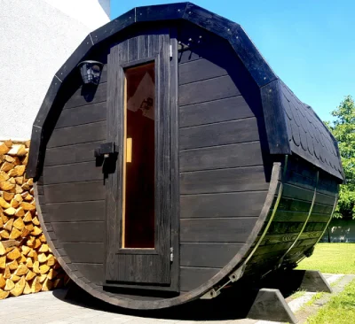 Sauna ogrodowa 200cm - przedsionek zew - przebieralnia wew OKNO 0% 50% 100% PIEC HARVIA HUUM BIBERHAUS biberhaus.com