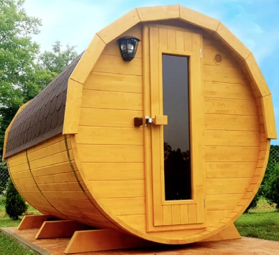 Sauna ogrodowa 300cm + przebieralnia wew OKNO 0% 50% 100% PIEC HARVIA HUUM BIBERHAUS biberhaus.com beczka