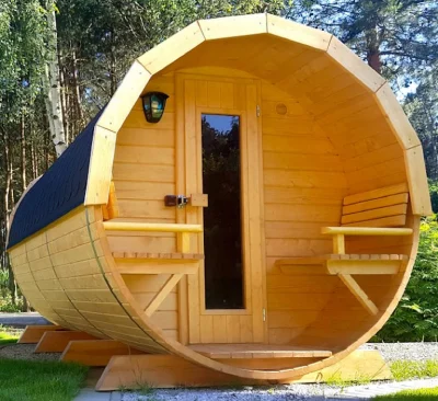 Sauna ogrodowa 400cm + przedsionek zew OKNO 0% 50% 100% PIEC HARVIA HUUM BIBERHAUS biberhaus.com beczka