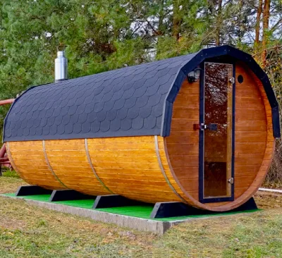 Sauna ogrodowa 400cm tylko sauna + OKNO 0% 50% 100% PIEC HARVIA HUUM BIBERHAUS biberhaus.com beczka