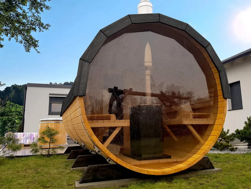 Sauna ogrodowa biberhaus fińska sucha mokra sauny ogrodowe zewnętrzne do ogrodu piec z piecem elektrycznym na drewno harvia huum drewniana biberhaus.com 134324