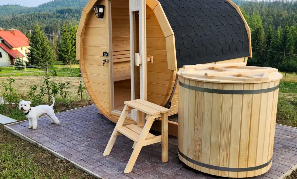 Sauna ogrodowa beczka biberhaus fińska sucha mokra sauny ogrodowe zewnętrzne do ogrodu piec z piecem elektrycznym na drewno harvia huum drewniana biberhaus