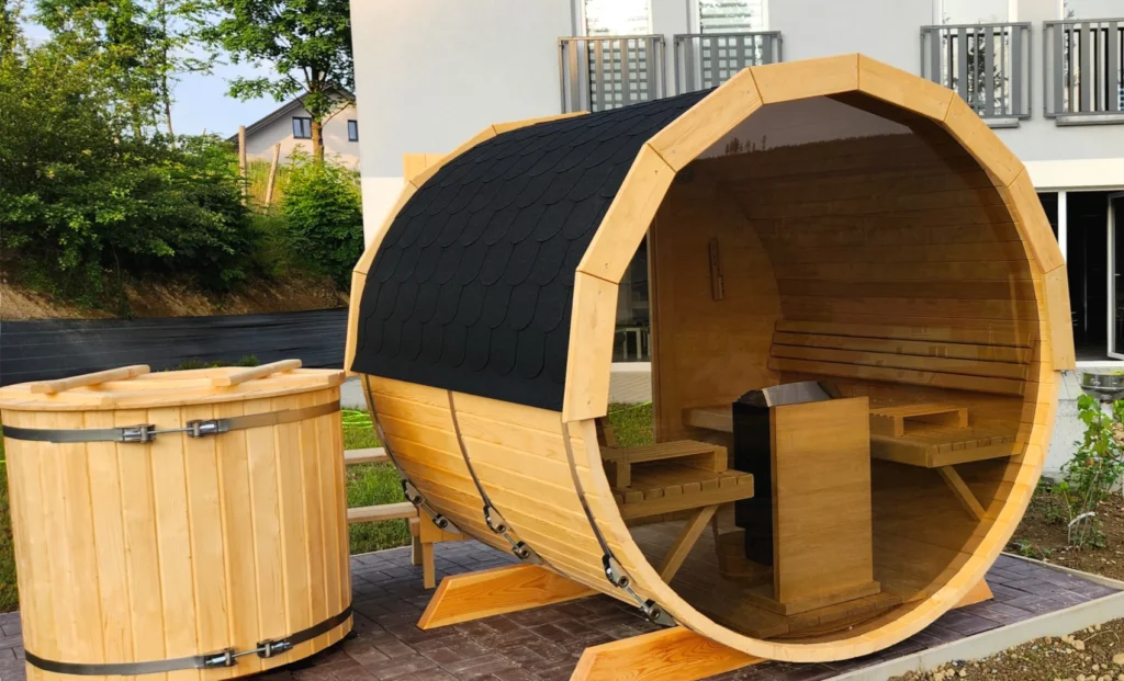 Sauna ogrodowa biberhaus fińska sucha mokra sauny ogrodowe zewnętrzne do ogrodu piec z piecem elektrycznym na drewno harvia huum drewniana biberhaus.com dwd