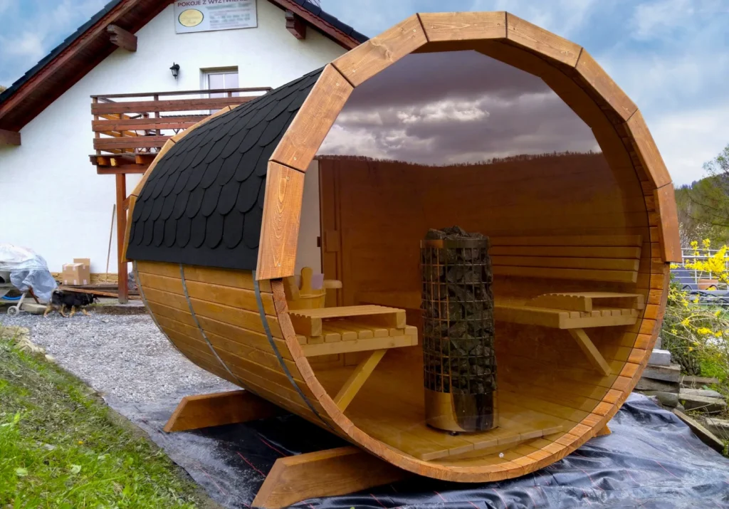 Sauna ogrodowa biberhaus fińska sucha mokra sauny ogrodowe zewnętrzne do ogrodu piec z piecem elektrycznym na drewno harvia huum drewniana biberhaus.com 424